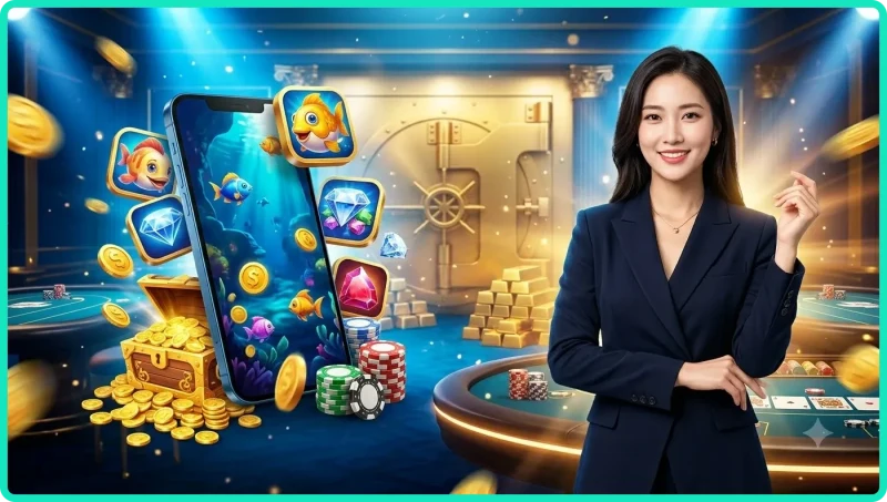 Giao diện minh họa game Bắn cá phát tài với cá, mục tiêu và thiết bị điều khiển