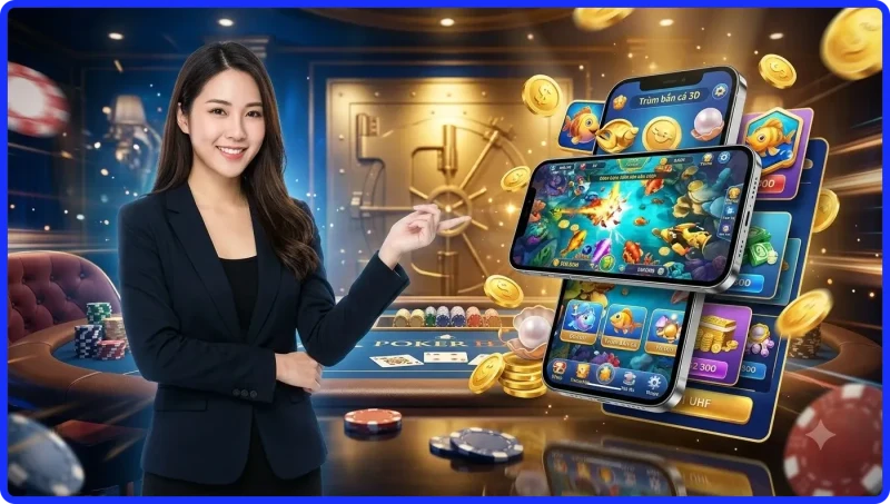 Người trưởng thành quan sát giao diện game bắn cá 3D trên máy tính bảng